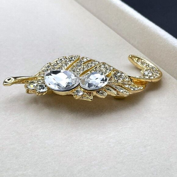 Yellow Gold with White Diamond Crystal Single Feather Pin Back Brooch - Picture 7 of 9